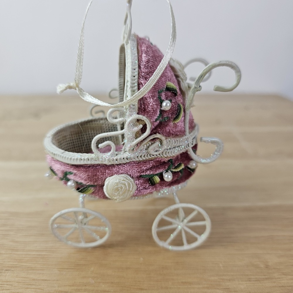 Miniature Baby Carriage Pink Vintage Christmas Tree Ornament Dollhouse Accessory